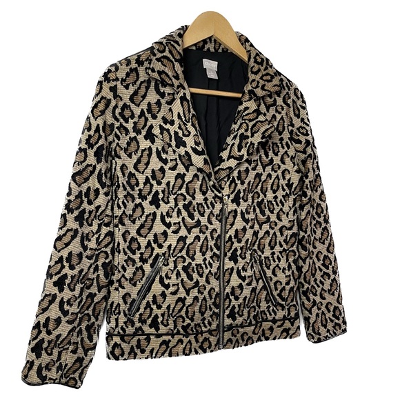 Chicos 0 Leopard Animal Print Jacquard Moto Jacket US Size 4 6 Small - Picture 6 of 10